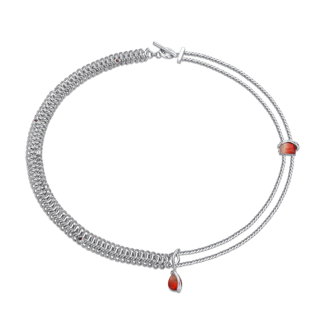 Textured Chain Bracelet with Fiery Red Gem
