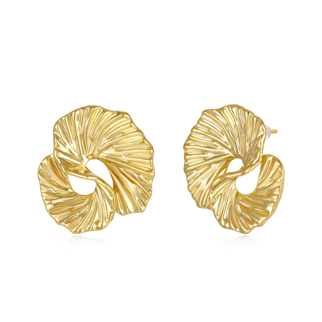 Textured Ginkgo Fan Earrings with Organic Gold Sculptural Flow