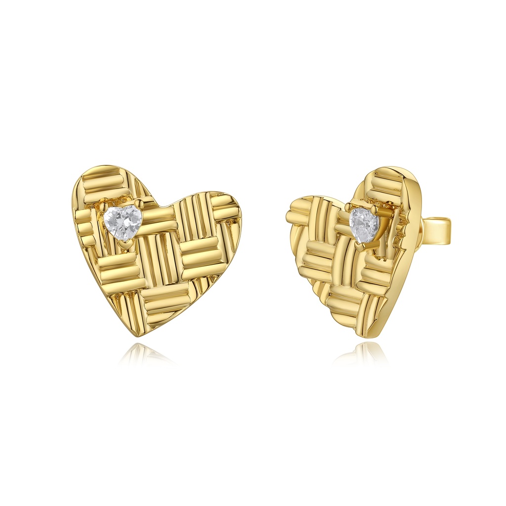 Textured Gold Heart Stud Earrings with CZ Accent