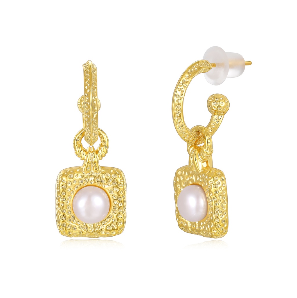 Textured Gold Hoop Earrings with Dangling Pearl Charm