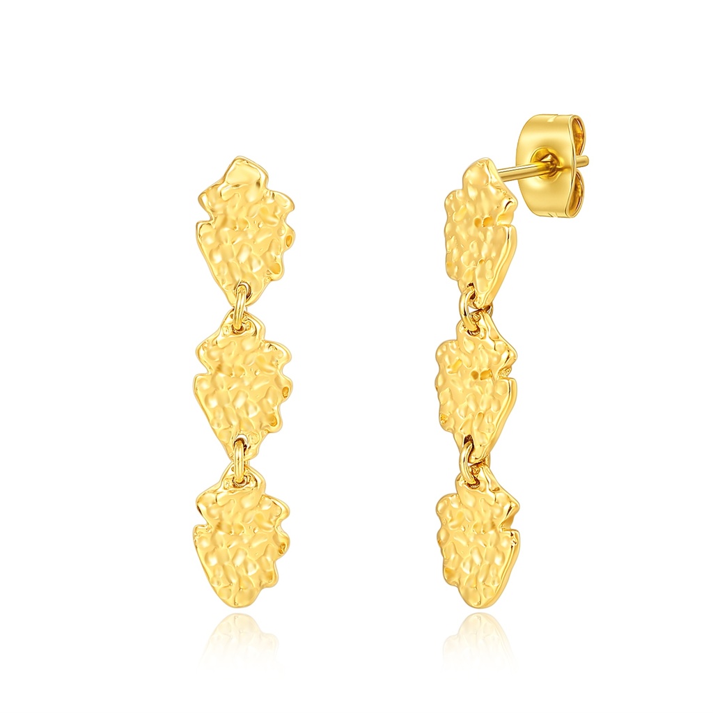 Textured Gold Stainless Steel Drop Earrings with Organic Leaf Design