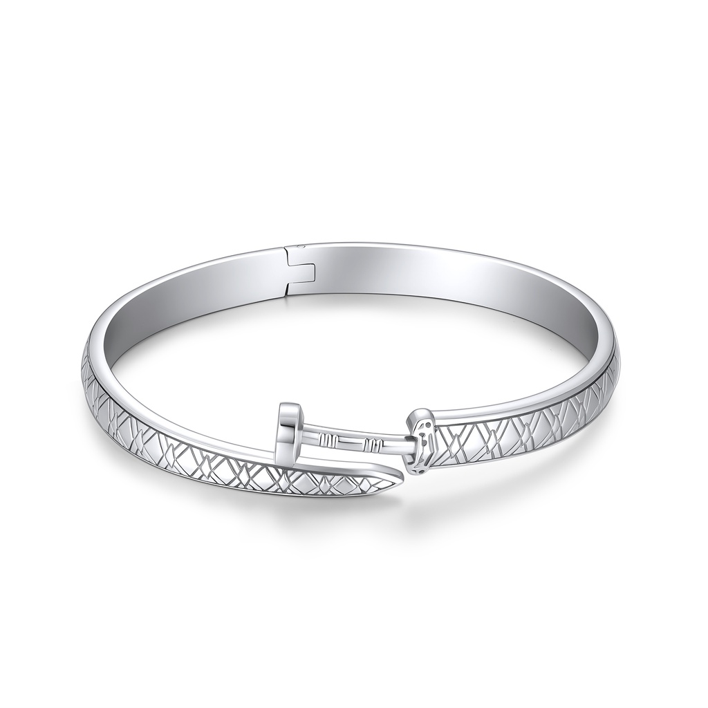 Textured Stainless Steel Bangle with Clasp Nail Detail Design