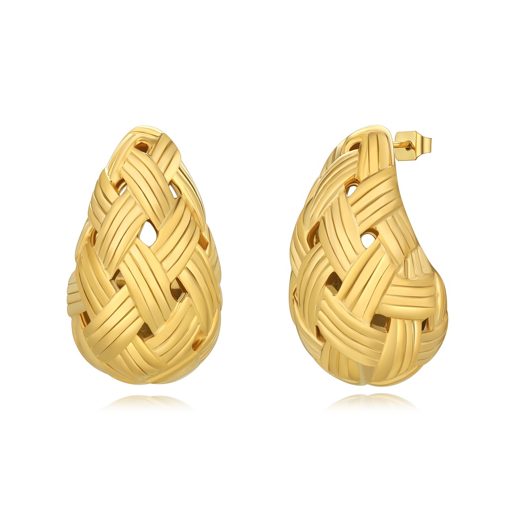 Textured Weave Gold Stainless Steel Teardrop Hoop Earrings