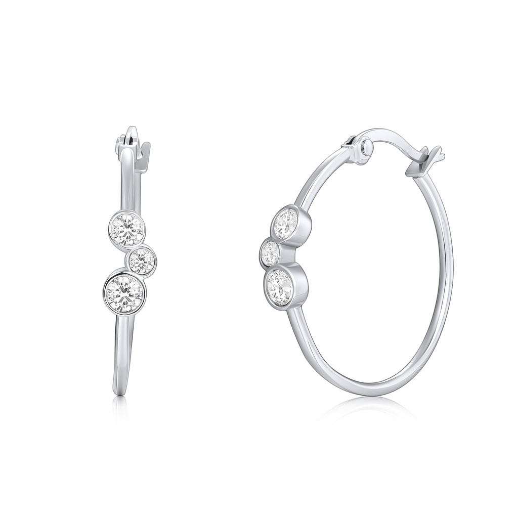 Three-Stone Crystal Silver Stainless Steel Hoop Earrings