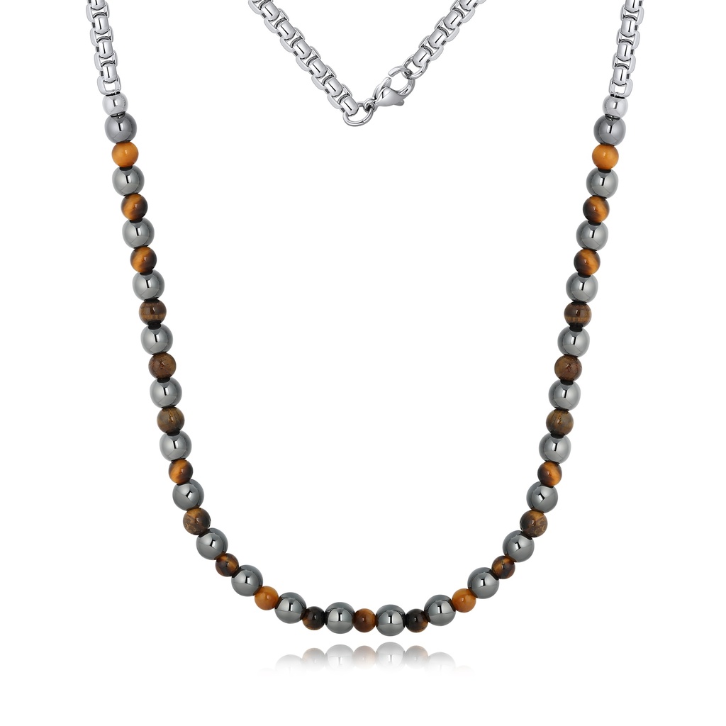 Tiger Eye & Steel Bead Necklace
