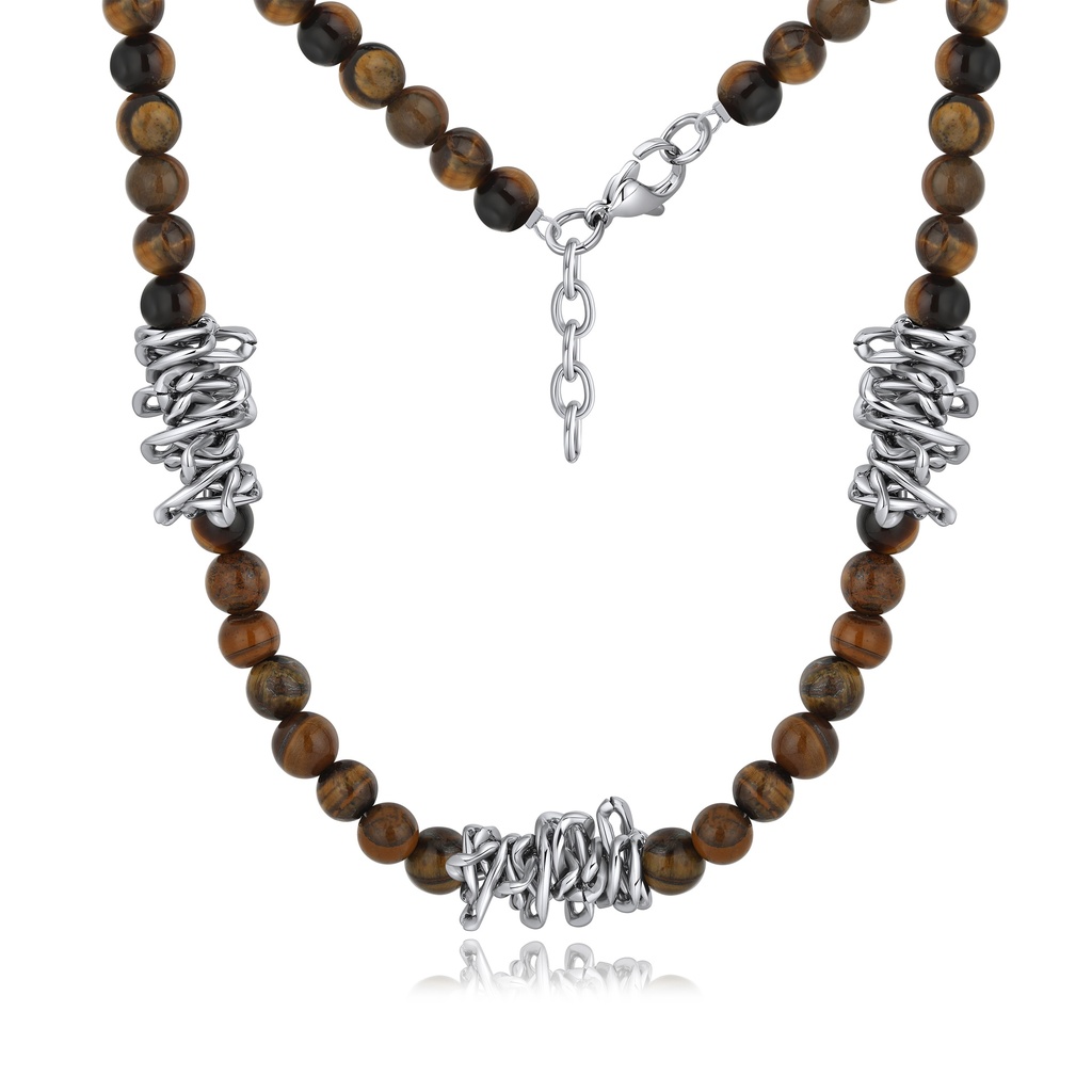 Tiger Eye Beaded Necklace with Abstract Stainless Steel Accents