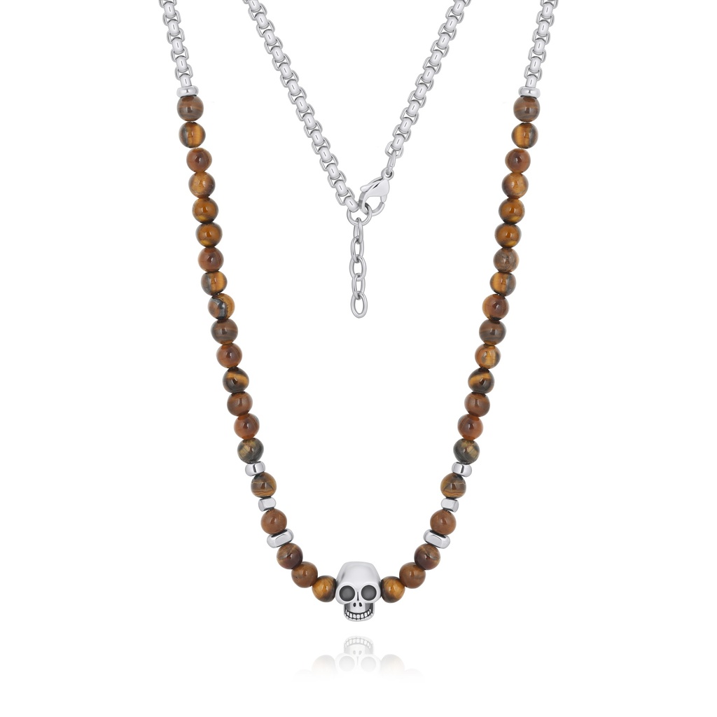 Tiger Eye Beaded Necklace with Skull Pendant Stainless Steel