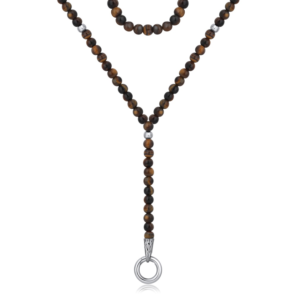 Tiger Eye Beaded Necklace with Stainless Steel Ring Pendant