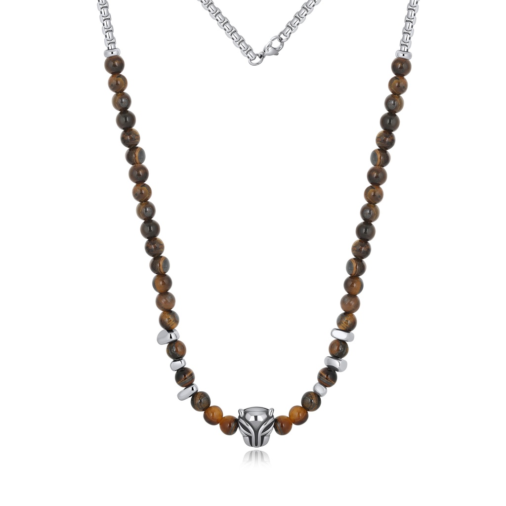 Tiger Eye Beaded Necklace with Stainless Steel Wolf Head Accent