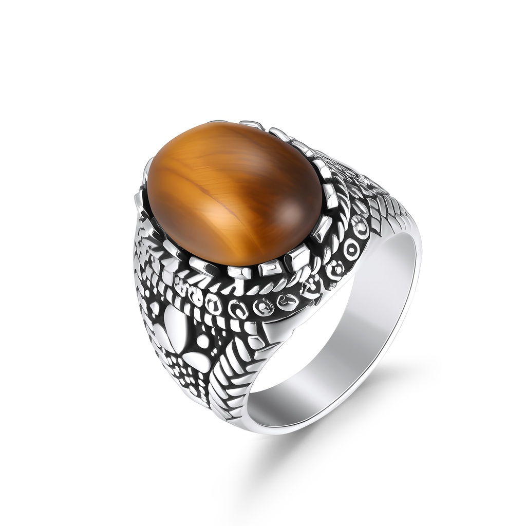 Tiger Eye Stainless Steel Ring with Vintage Engraved Detailing