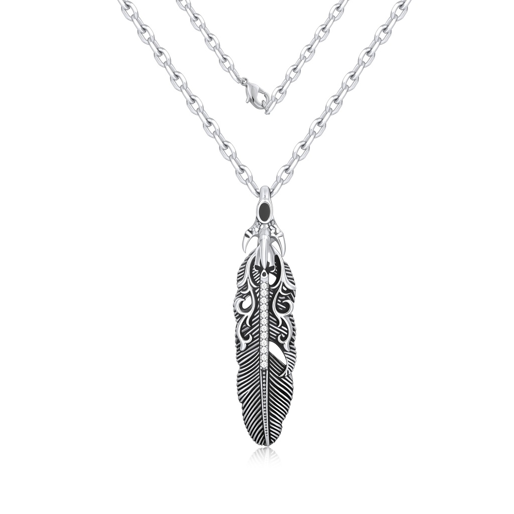 Tribal Feather Pendant Necklace in Polished Stainless Steel Design
