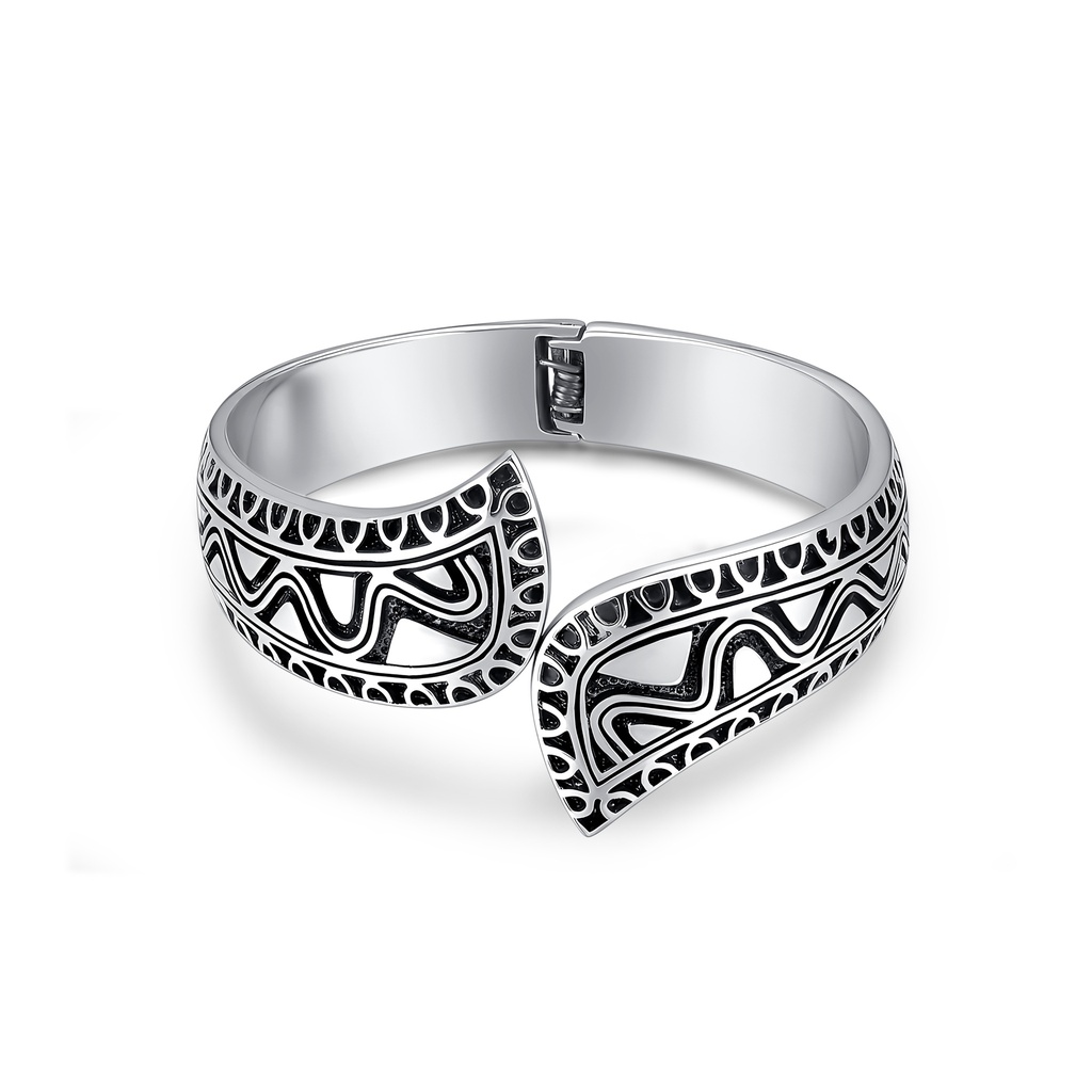 Tribal-Inspired Stainless Steel Cuff Bracelet with Black Enamel Detailing