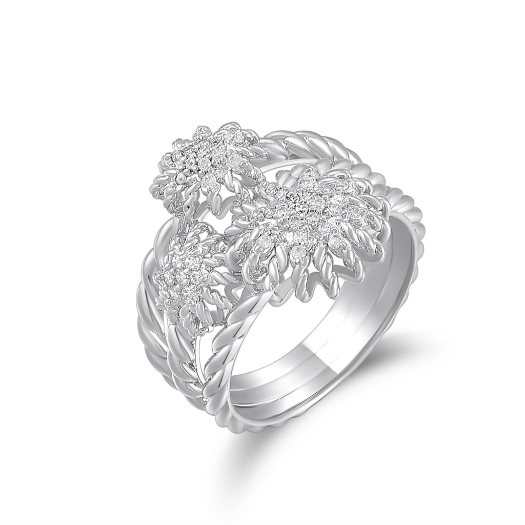 Triple Daisy Cluster Ring with Rope-Twist Band – Silver Brass