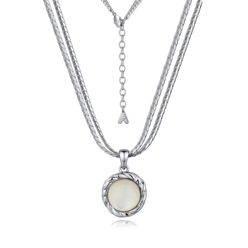 Triple Layer Chain Necklace with Round White Pendant