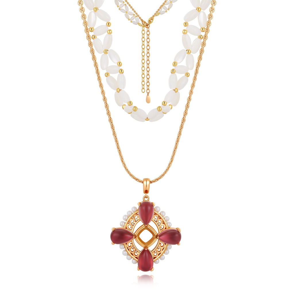 Triple Layer Pearl And Gold Necklace With Red Center Pendant