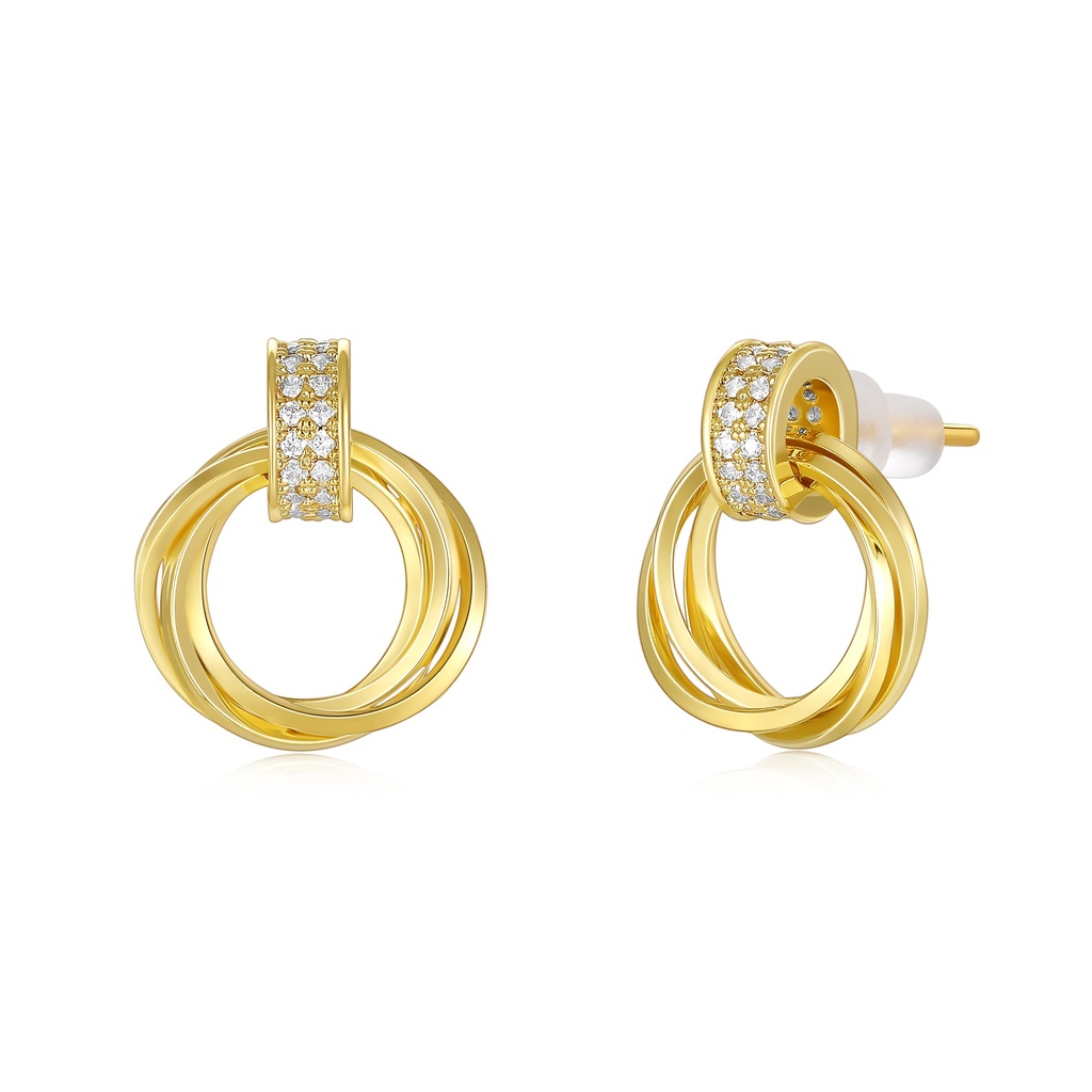 Triple Ring Gold Hoop Earrings with Pave Zircon Accent