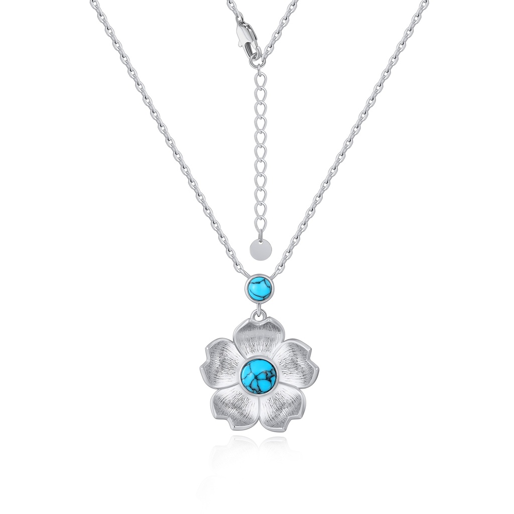 Turquoise Blossom Flower Pendant Necklace in Silver Finish