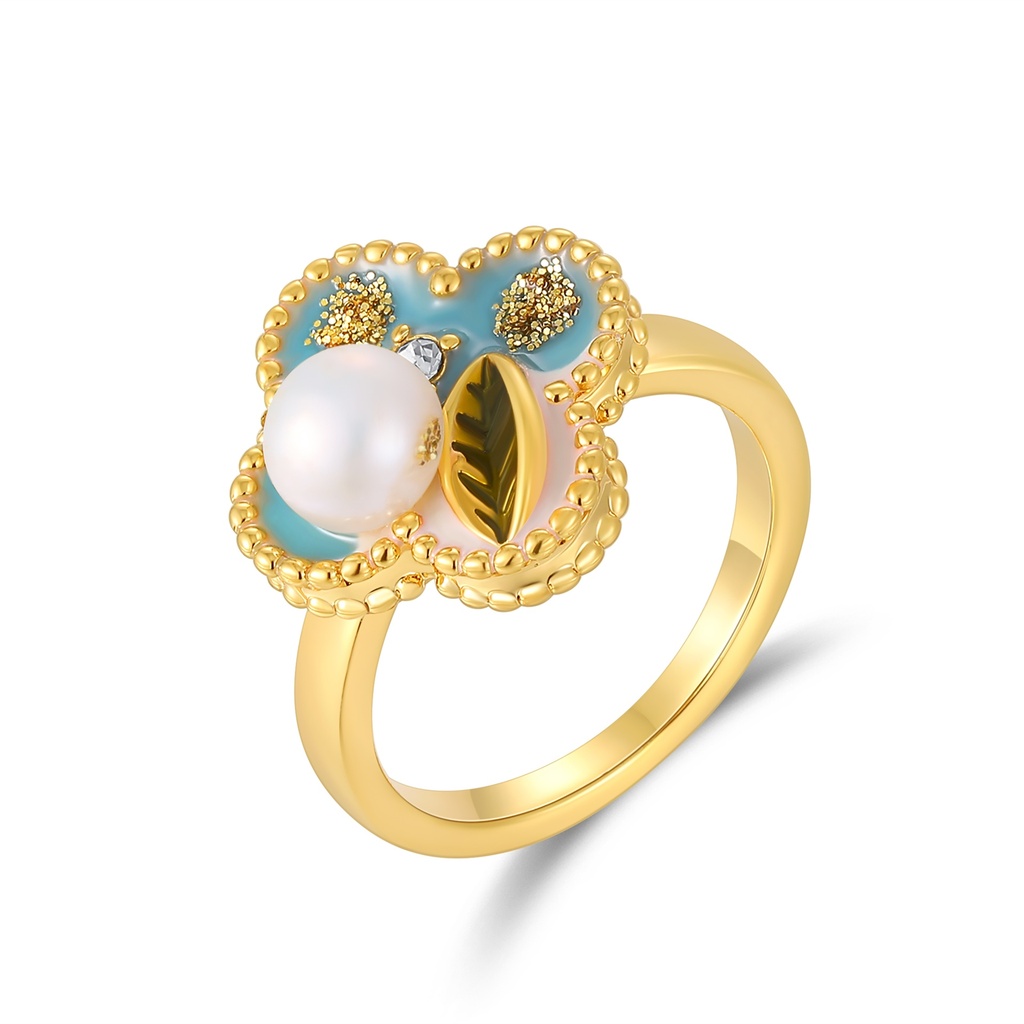 Turquoise Floral Enamel Ring with Pearl and Gold Leaf Accents