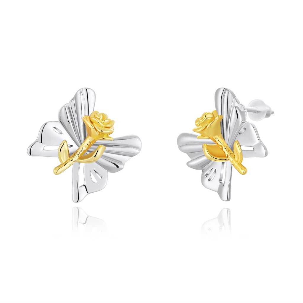 Two-Tone Butterfly Earrings with Golden Rose Accent