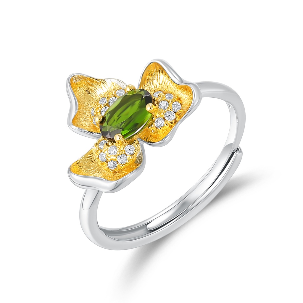 Two-Tone Butterfly Flower Stainless Steel Ring with Green Gemstone