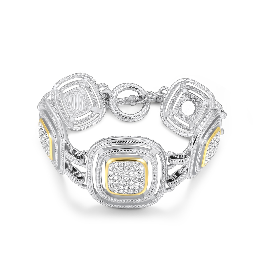Two-Tone Crystal Stainless Steel Bracelet with Square Motif Design