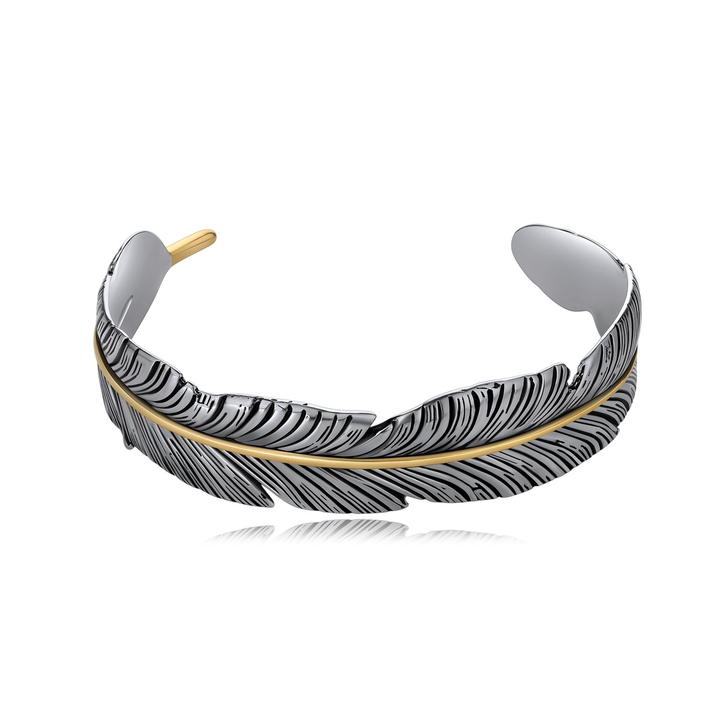 Two-Tone Feather Design Cuff Bracelet in Polished Stainless Steel