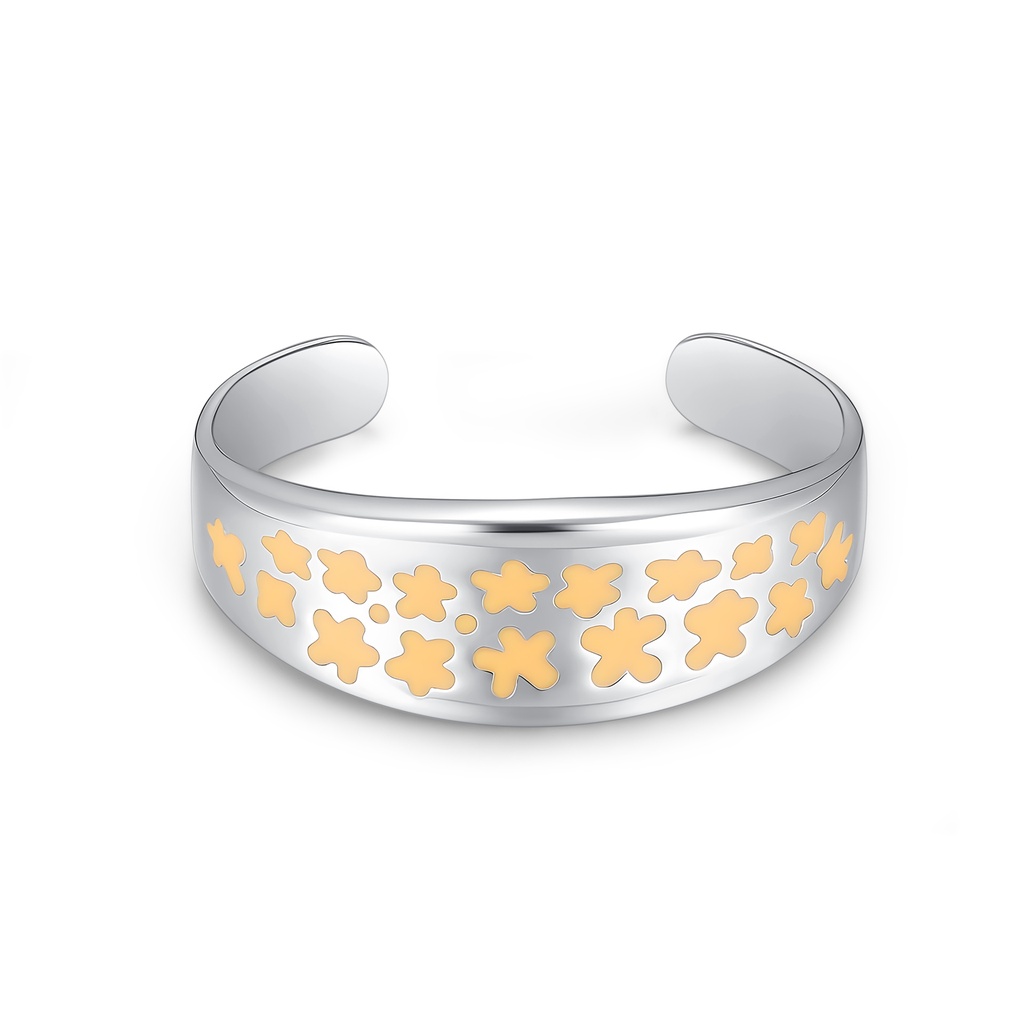 Two-Tone Floral Pattern Stainless Steel Open Cuff Bangle Bracelet