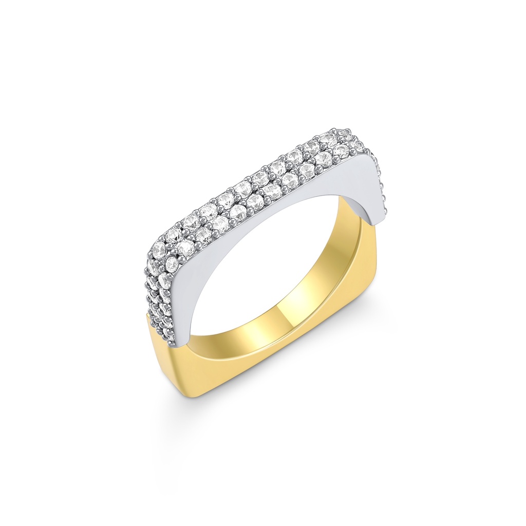 Two-Tone Rectangular Brass Ring With Pave-Cut Sparkling Stones