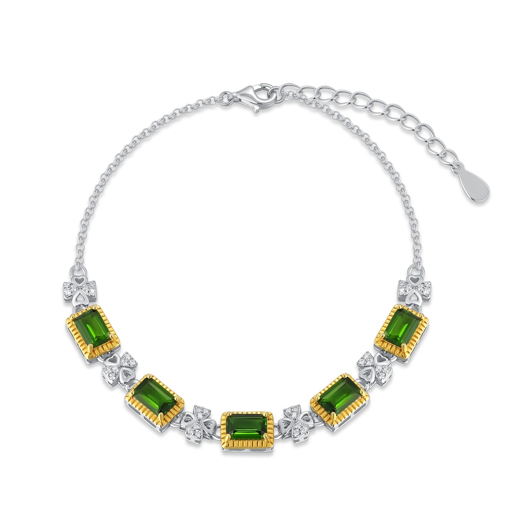 Two-Tone Stainless Steel Bracelet with Green Emerald-Cut CZ, Adjustable Chain