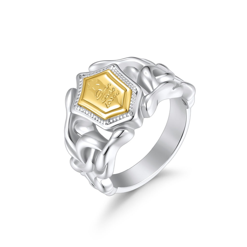 Two-Tone Stainless Steel Chain-Link Ring with Gold Shield Emblem