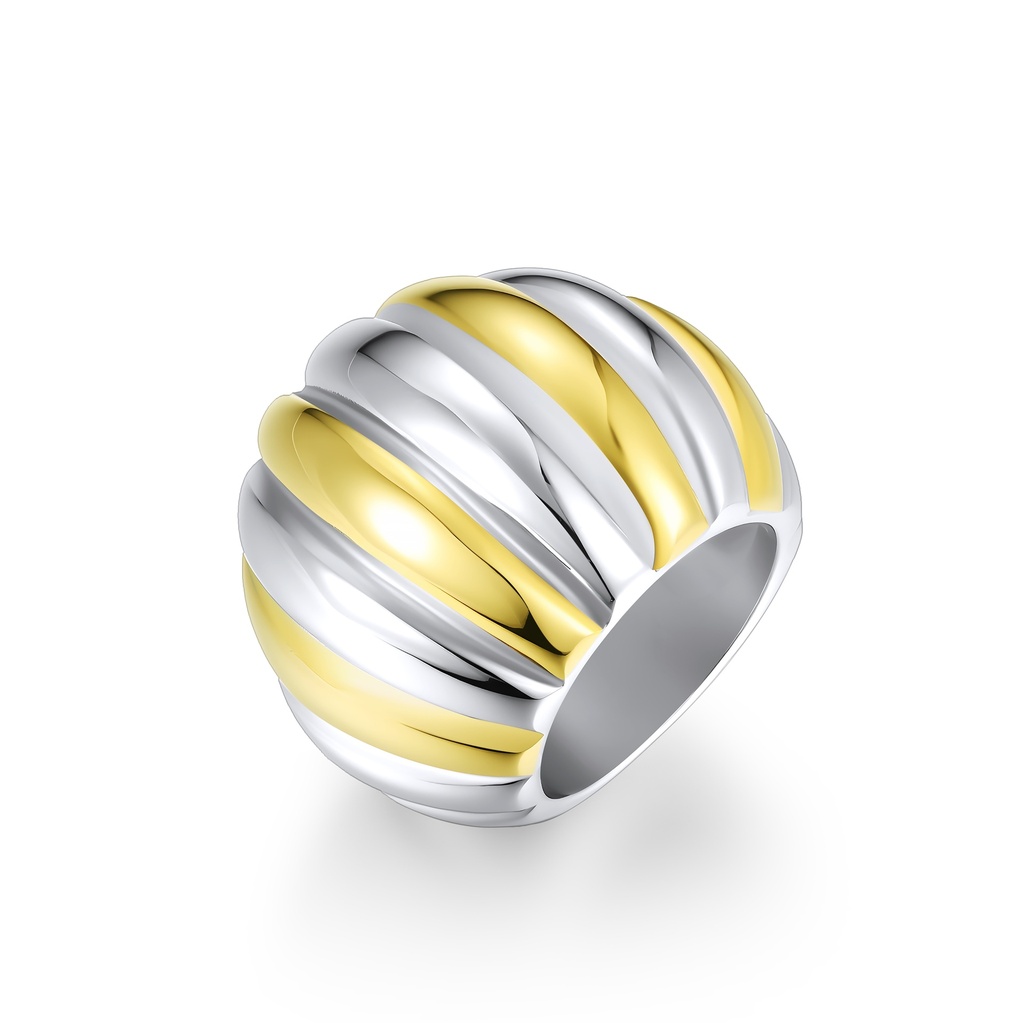 Two-Tone Stainless Steel Dome Ring with Bold Grooved Design