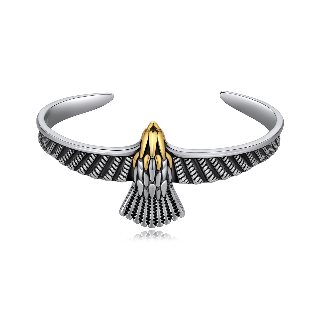 Two-Tone Stainless Steel Eagle Cuff Bracelet Vintage Tribal Style