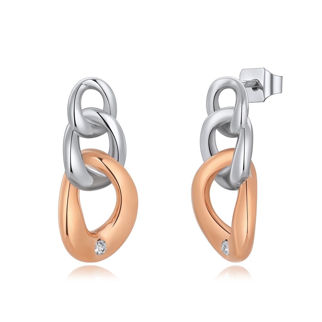 Two-Tone Stainless Steel Link Earrings with Crystal Accent Detail