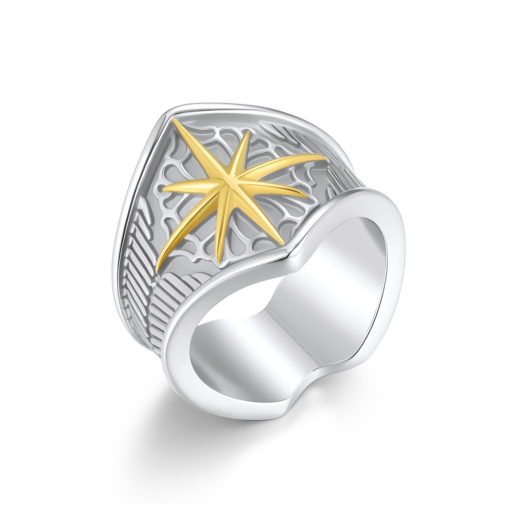 Two-Tone Stainless Steel Ring with Golden Starburst Design