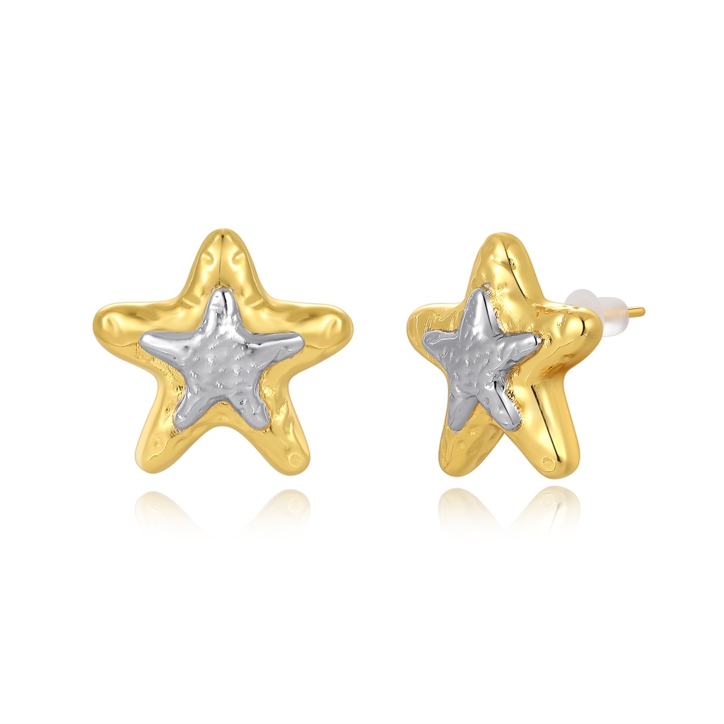 Two-Tone Starfish Stud Earrings in Gold and Silver Finish