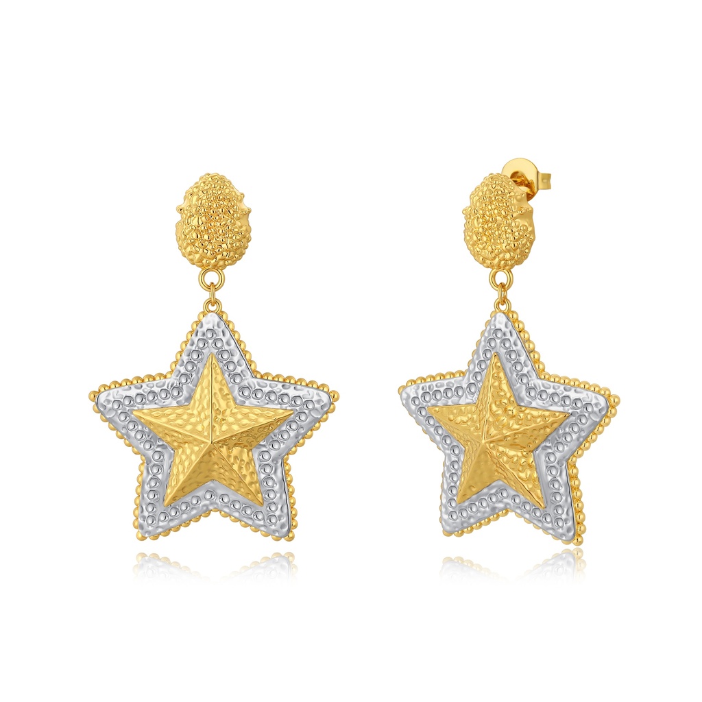 Two-Tone Textured Star Drop Earrings in Gold and Silver