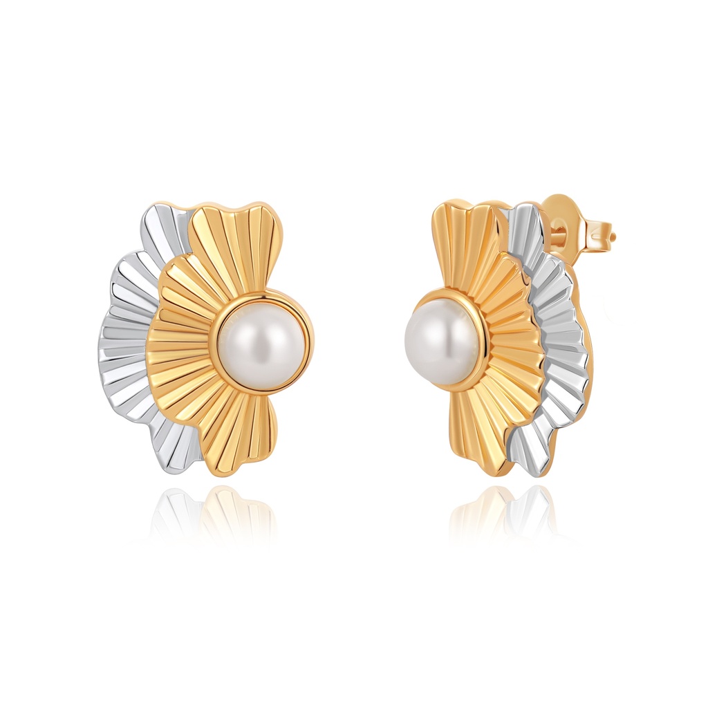 Two-tone brass fan earrings with elegant central pearl feature