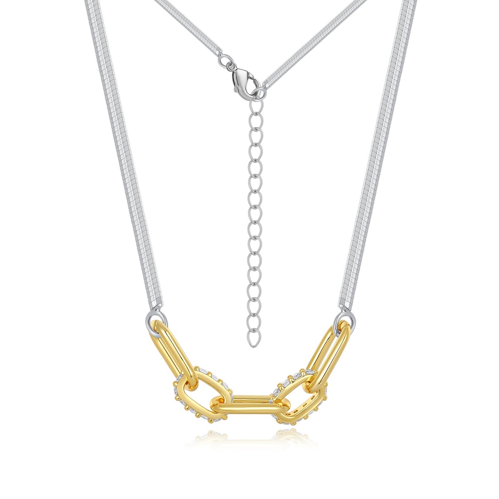 Two-tone link necklace featuring gold center with silver outer chain.