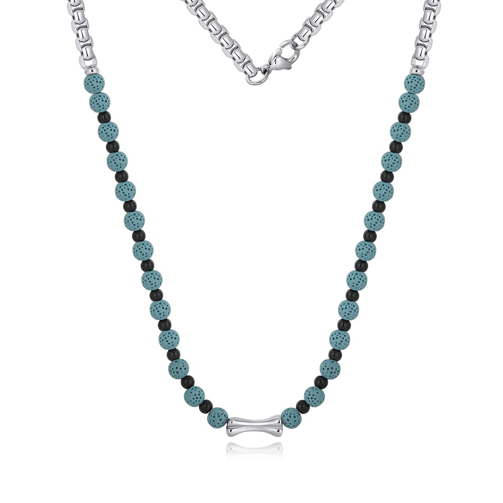 Unisex Stainless Steel Chain Necklace with Blue Lava Stone and Onyx Beads