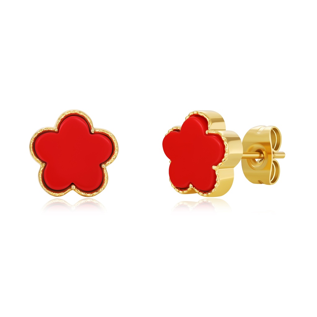 Vibrant Red Floral Stud Earrings with Gold Stainless Steel Trim