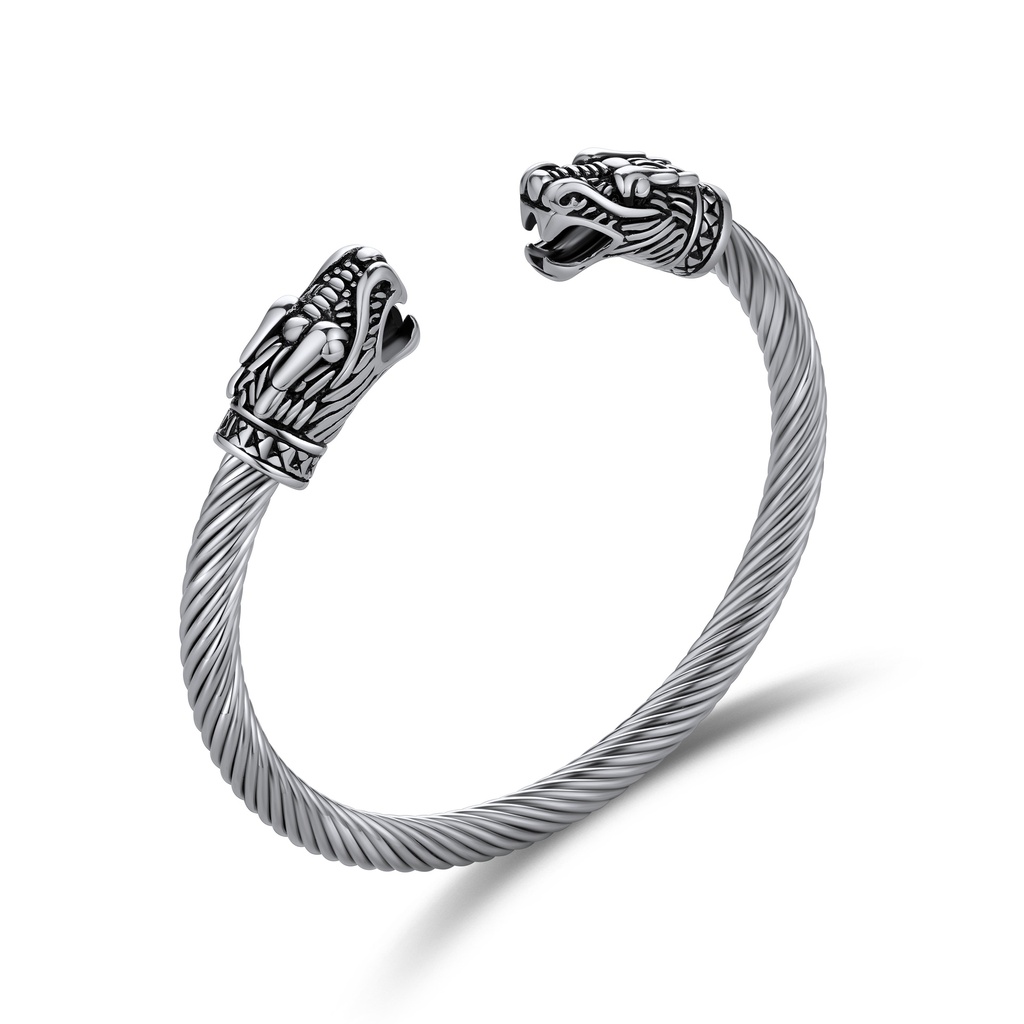 Viking Dragon Cable Wire Stainless Steel Open Cuff Bracelet