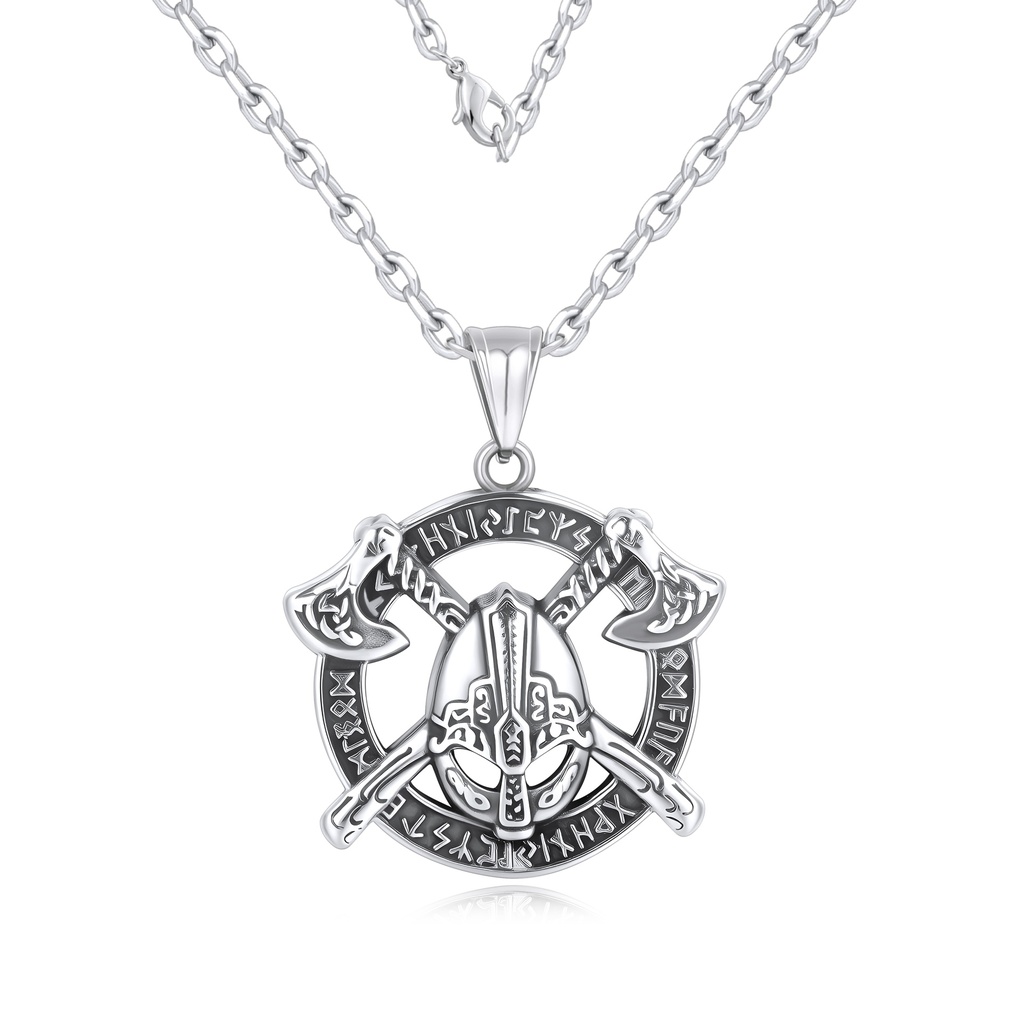 Viking Warrior Pendant Necklace with Helmet, Axes and Rune Design