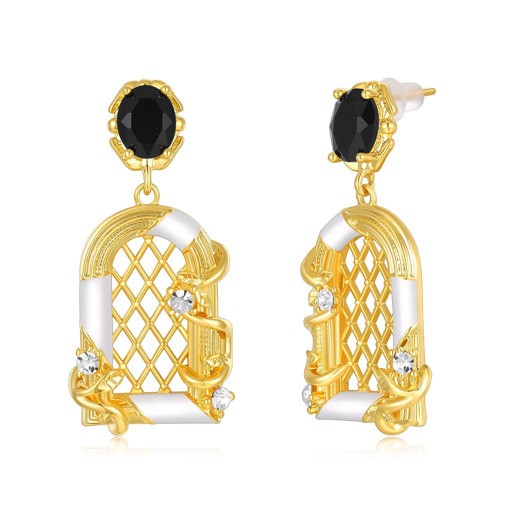 Vintage Baroque Black Gem Lattice Window Drop Brass Earrings