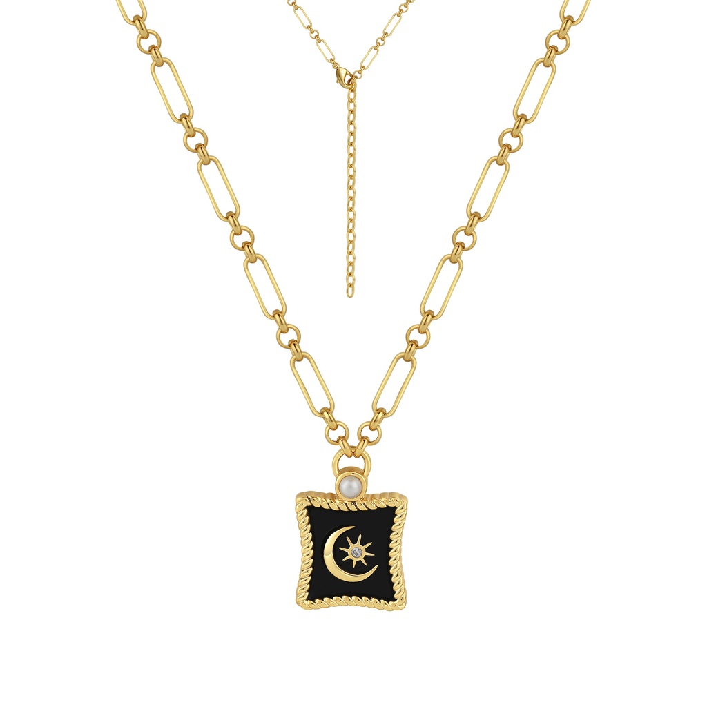Celestial Square Pendant Necklace with Crescent Moon and Star Design