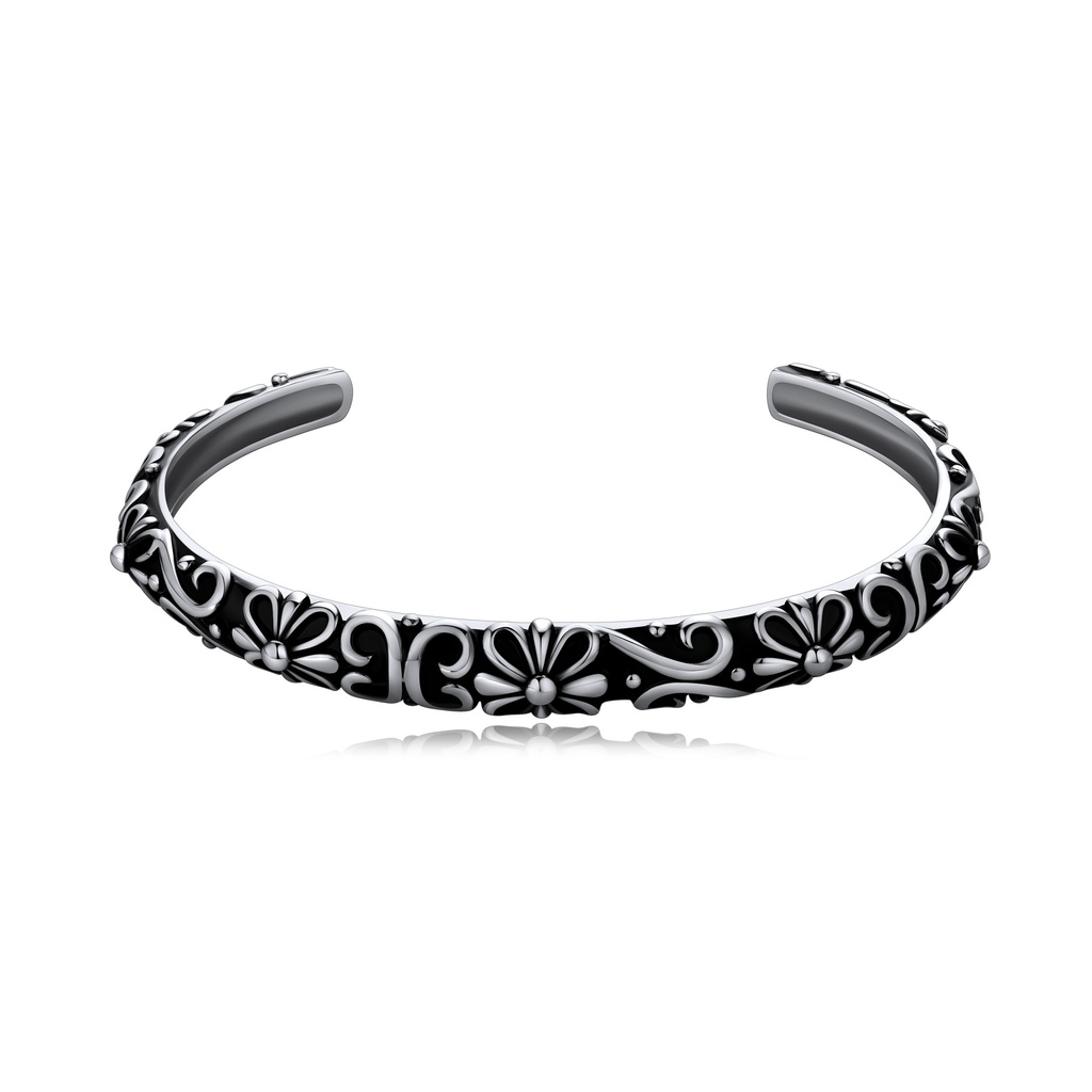Vintage Floral Pattern Cuff Bangle Stainless Steel Gothic Style