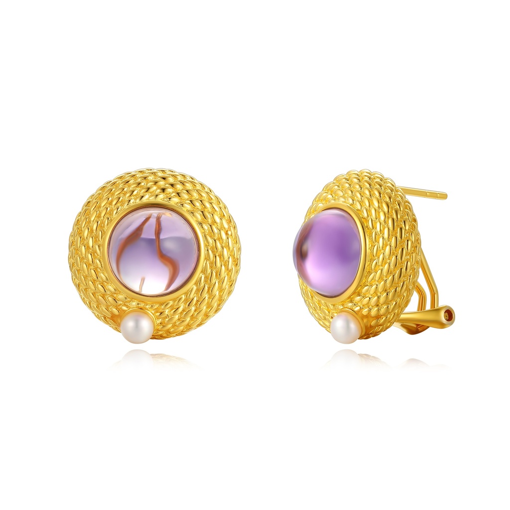Vintage Gold Stainless Earrings with Purple Stone and Pearl Accent
