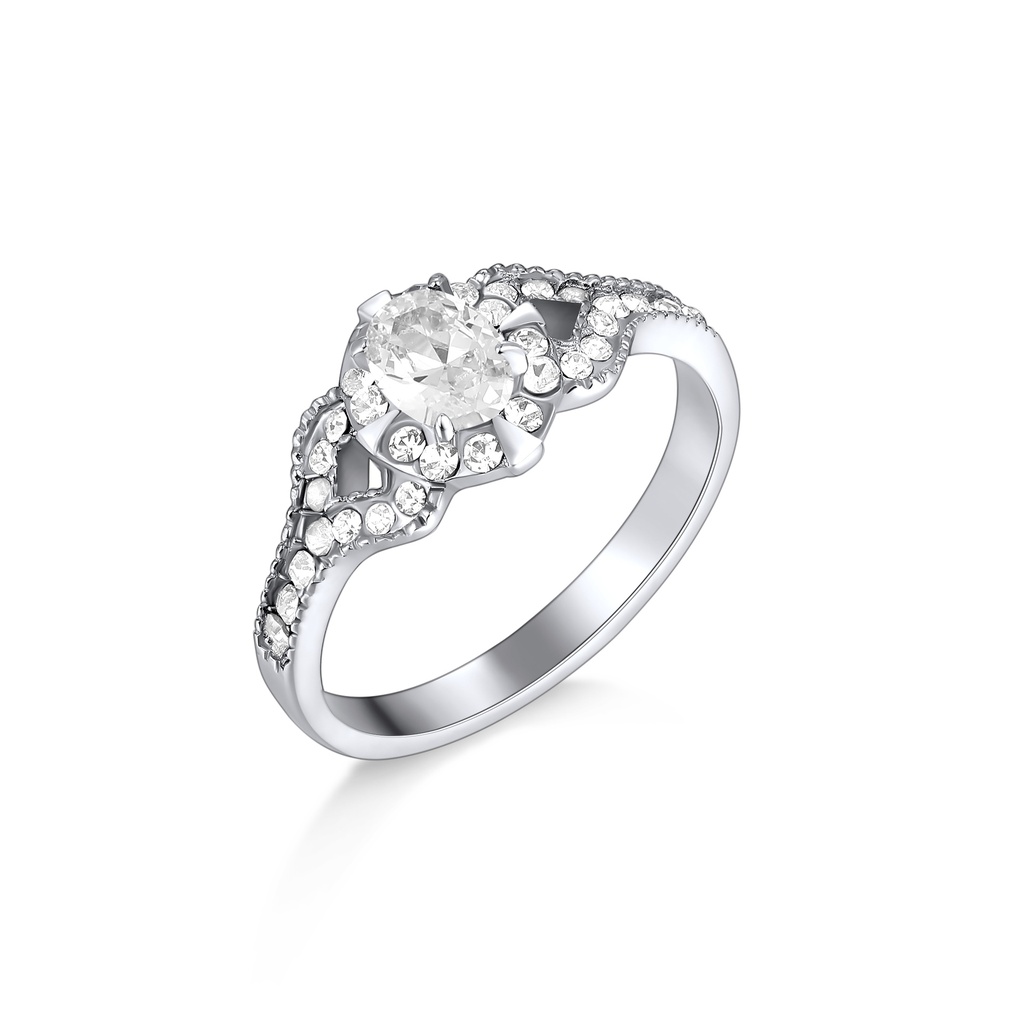 Vintage Inspired Crystal Engagement Ring in Shiny Silver Finish