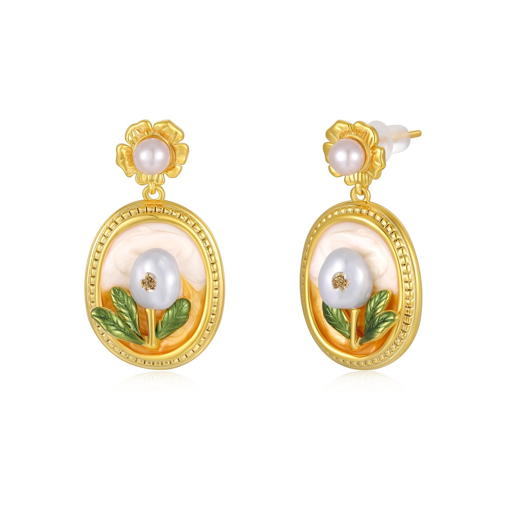 Vintage Oval Flower Pearl Earrings with Enamel Details