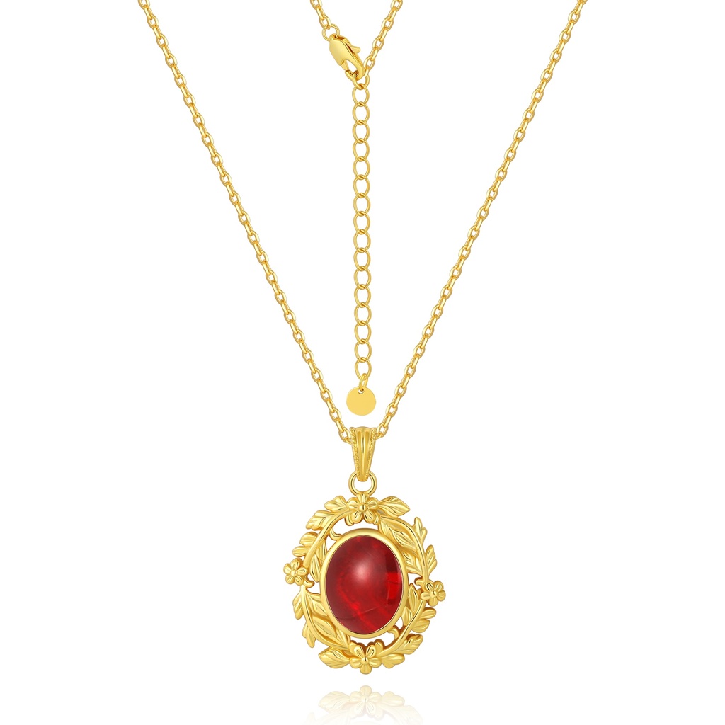 Vintage Red Oval Gem Pendant with Floral Frame Necklace