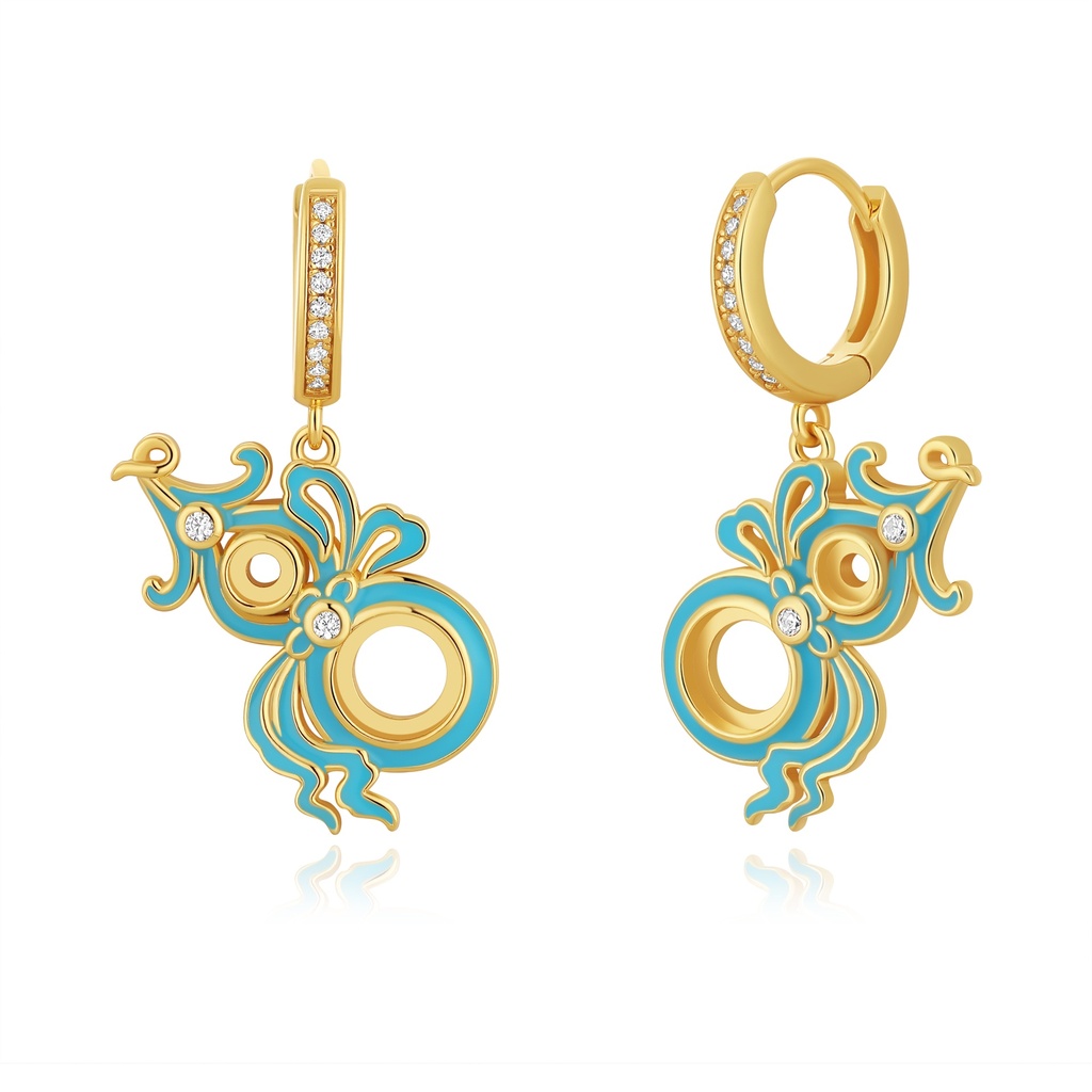 Vintage Scroll Drop Earrings in Gold with Blue Enamel Flourish